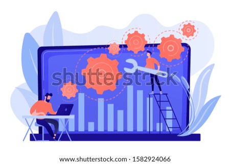 Technical support guys working on repairing a computer hardware and software. Troubleshooting, fixing problems, problem checking concept. Pinkish coral bluevector isolated illustration