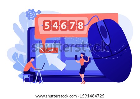 Marketers analyzing digital marketplace. Search engine marketing. Click tracking, clients behavior control, user friendly ad concept. Pink coral blue vector isolated illustration