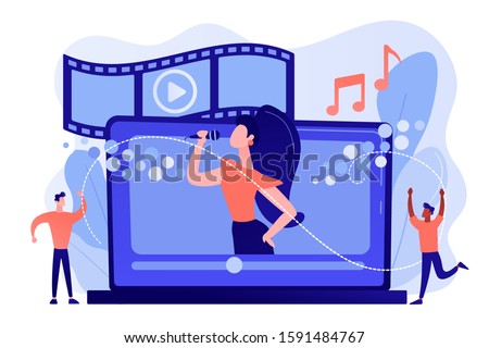Huge laptop with famous singer performing on screen and tiny people dancing. Music video, official music video, video clip production concept. Pinkish coral bluevector isolated illustration
