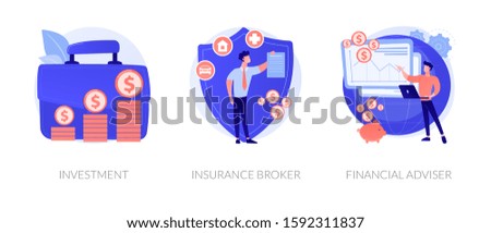 Finances management, economic protection service, professional consulting icons set. Investment, insurance broker, financial adviser metaphors. Vector isolated concept metaphor illustrations