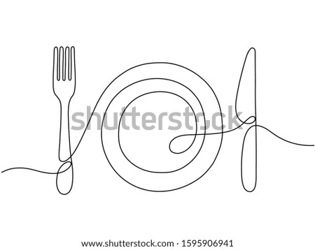 One line art. Plate knife, fork continuous outline drawing. Decoration for cafe or kitchen, restaurant or menu. Cutlery vector illustration