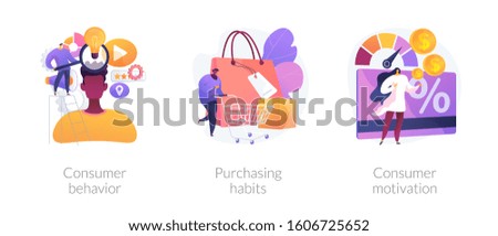 Buyer persona and purchase decision process. Customer buying, shopping habits. Consumer behavior, purchasing habits, consumer motivation metaphors. Vector isolated concept metaphor illustrations.