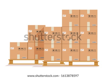 Flat boxes pallet. Cardboard box, cargo wood pallets and parcels. Warehouse stack cartons for delivery. Vector paper containers illustration