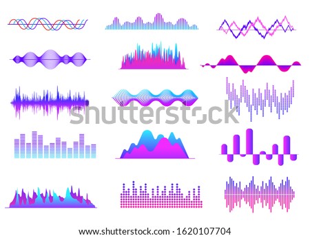 Sound waves. Color music wave, audio tune waveform pulse. Radio voice, soundtrack curves. Soundwave abstract volume signals vector set