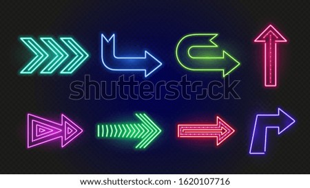 Neon arrows. Bright glowing arrow signs. Outside lights of night bar. Vector lighting directional elements