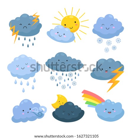 Cartoon weather clouds. Rain, snow elements. Heavenly cloudy shapes, storm and lightning, sun and moon. Meteorological forecast vector set