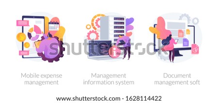 Personal finance control app and data center automation. Mobile expense management, management information system, document management soft metaphors. Vector isolated concept metaphor illustrations