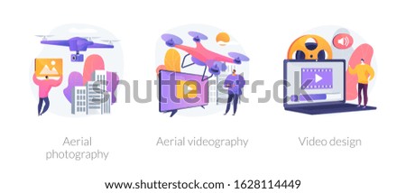 Using drones in video footage creation. Trendy UAV devices for birds view photographs. Aerial photography, aerial videography, video design metaphors. Vector isolated concept metaphor illustrations.