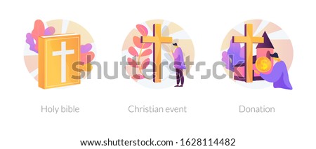 Church congregation lifestyle symbols. Sacred book, religious ceremonies and financial contribution. Holy bible, christian event, donation metaphors. Vector isolated concept metaphor illustrations