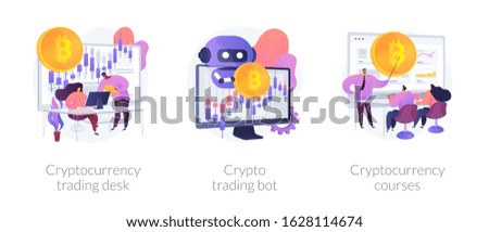 Digital currency market transactions. Electronic money experts. Cryptocurrency trading desk, crypto trading bot, cryptocurrency courses metaphors. Vector isolated concept metaphor illustrations