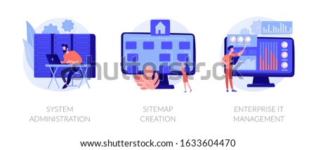 Server maintenance, web design development, business organization icons set. System administration, sitemap creation, enterprise it management metaphors. Vector isolated concept metaphor illustrations