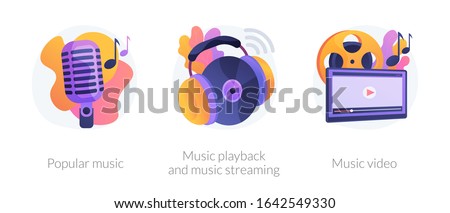 Media production, sound digitization, recording studio equipment. Popular music, music playback and music streaming, music video metaphors. Vector isolated concept metaphor illustrations. Сток-фото © 