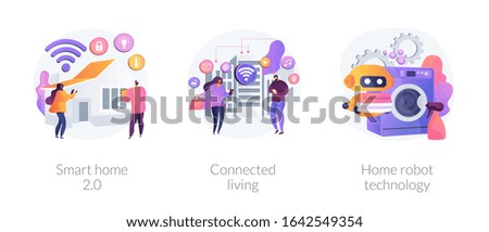 City and home with cognitive intelligence, Internet of Things, innovative technology. Smart home 2.0, connected living, home robot technology metaphors. Vector isolated concept metaphor illustrations.