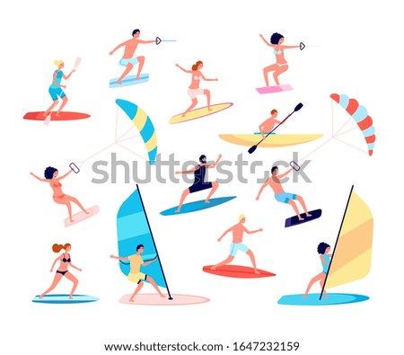 Water sports. Canoes, extreme sea lifestyle. Surfing and windsurfing, people recreational ocean outdoor activity. Summer leisure vector set