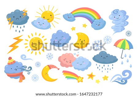 Cute weather. Isolated rainbow, cartoon rain and hurricane. Funny and angry clouds, happy sun and tornado. Emotional nature vector icons