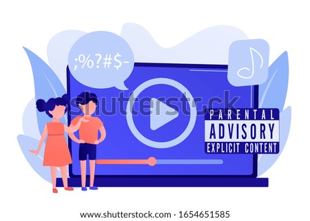Children at laptop listening to music with parental advisory label warning. Parental advisory, explicit content, kids warning label concept. Pinkish coral bluevector isolated illustration