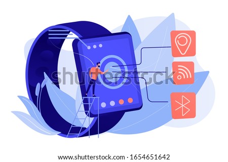 Smartwatch with Wi-Fi, bluetooth and GPS. Wireless connectivity, bluetooth and Wi-Fi technology , NFC and GPS technology concept on white background. Pinkish coral bluevector isolated illustration