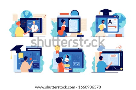 Distance school. Internet education, online training and course. Computer presentation, university video. People testing website vector set