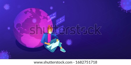 Isometric global lockdown during covid-19 pandemic abstract concept. Employee at self-quarantine. Home isolation, virus spread prevention measures vector 3D isometric illustration on violet background