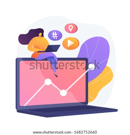 Net surfing. Girl cartoon character sitting on big laptop and looking for some information on internet. Media file, geolocation, hashtag. Vector isolated concept metaphor illustration