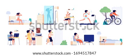 Woman daily routine. Businesswoman day, girl city life. Female breakfast, sleep and working. Adult everyday lifestyle vector illustration