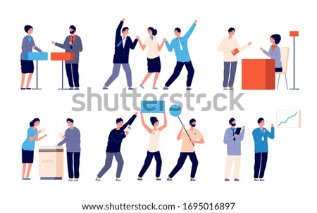 Election characters. Political candidate, vote places. Woman vs man, discussion of politicians. Cartoon debate, electoral process vector set