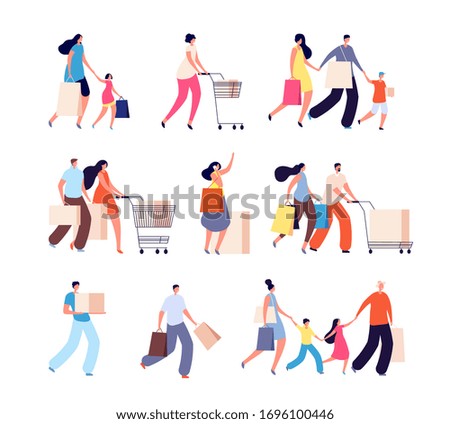 Family shopping. Consumers, woman buy food or clothes. Isolated people with bag for shop. Kids and adult fashion shoppers vector characters