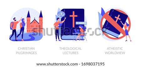 Religious tourism, visiting holy places. Church values promotion. Christian pilgrimages, theological lectures, atheistic worldview metaphors. Vector isolated concept metaphor illustrations