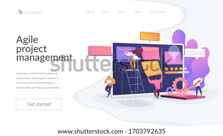Workflow organization. Office work and time management. Kanban board, teamwork communication process, agile project management concept. Website homepage header landing web page template.