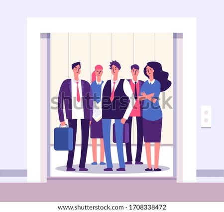 People elevator. Lift persons standing woman man group inside elevators office interior with open door business concept