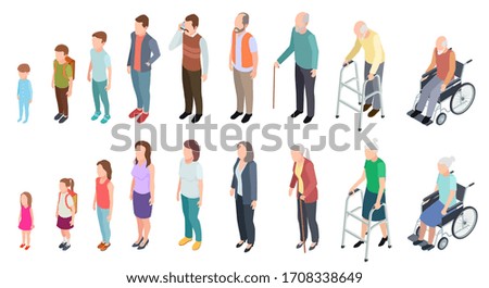 Different generations. Isometric people adult female male characters kids girl boy old man woman human age evolution stages set