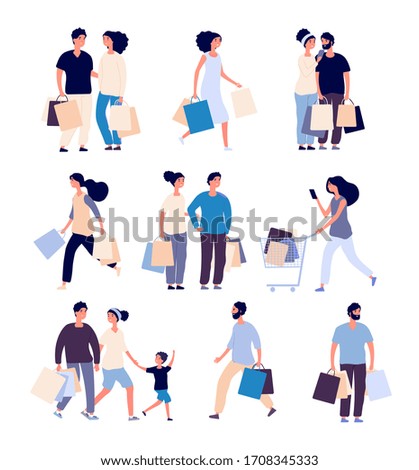 Shopping people set. Man and woman with shopping card buying product in grocery store. Isolated shopper cartoon characters set