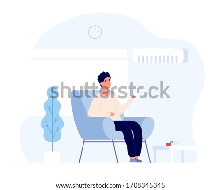 Air conditioner concept. Young man sitting in home chair under air conditioning system. summer room cooling and cleaning. image