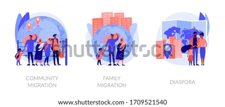 Refugees, forced displacement metaphors. Community and family migration, diaspora, asylum seekers. Country borders illegal crossing abstract concept vector illustration set.