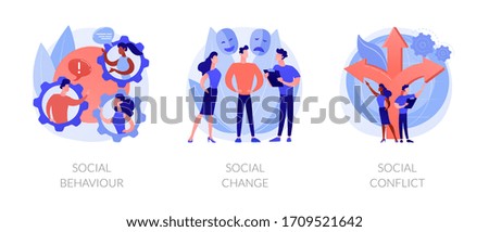 People interaction and communication metaphors. Social behaviour, change and conflict. Arguments, norms in society. Personality influence abstract concept vector illustration set.