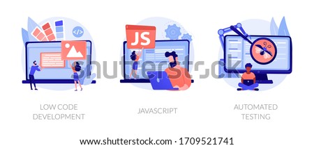 Software development. User interface design, programming language and usability testing. Low code development, javascript, automated testing metaphors. Vector isolated concept metaphor illustrations.