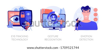 Modern sensor tech. Human-computer and user interface interaction methods. Eye-tracking technology, gesture recognition, emotion detection metaphors. Vector isolated concept metaphor illustrations.