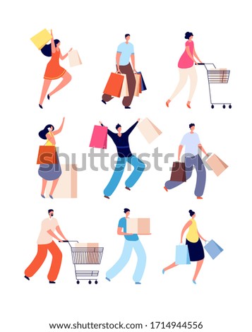 Shopping people. Female with shop bags. Sale offer, joyful guy and girl. Adults walking and buying, isolated shopper with cart vector set