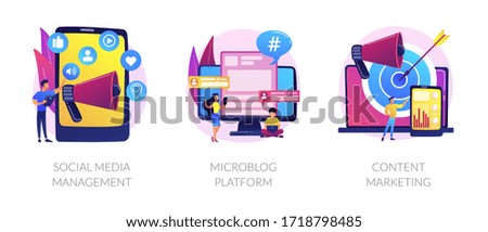 SMM business, internet blogging network, advertising strategy icons set. Social media management, microblog platform, content marketing metaphors. Vector isolated concept metaphor illustrations