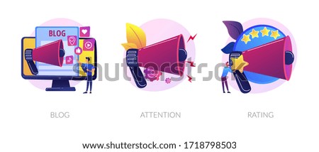 Promotion methods icons set. Popular blogger, public announcement, service quality evaluation system. Blog, attention, rating metaphors. Vector isolated concept metaphor illustrations