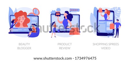 Video tutorials icons set. Influencer marketing, vlogger streaming. Beauty blogger, product review, shopping sprees video metaphors. Vector isolated concept metaphor illustrations.