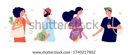 People with eco bags. Zero waste concept. Men women talking, cartoon characters with paper or textile shoppers vector set