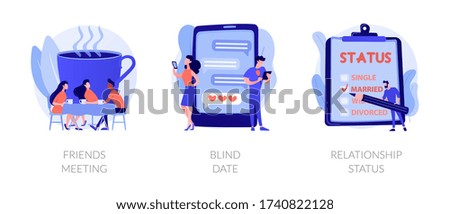 Friendship and communication, flirt and partner search, romantic bonding icons set. Friends meeting, blind date, relationship status metaphors. Vector isolated concept metaphor illustrations