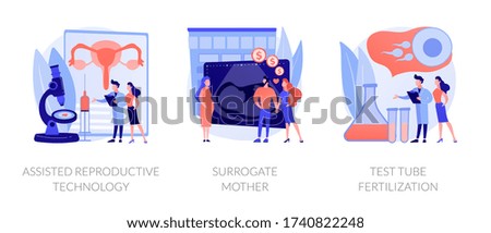 Fertility treatment and artificial insemination metaphors. Assisted reproductive technology, surrogate mother, test tube fertilization abstract concept vector illustration set.