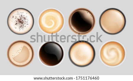 Realistic coffee cup. Top view hot latte cappuccino espresso, isolated breakfast beverages. Milk froth drinks in mugs vector illustration