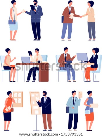 Hr employer interview. Business team and office worker. Seekers with cv application and recruitment service. Lawyer consultation vector set