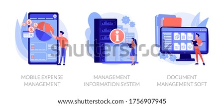 Personal finance control app and data center automation. Mobile expense management, management information system, document management soft metaphors. Vector isolated concept metaphor illustrations