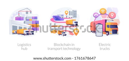 Global logistics center abstract concept vector illustration set. Logistics hub, blockchain in transport technology, electric trucks, commercial warehouse, automated freight track abstract metaphor.