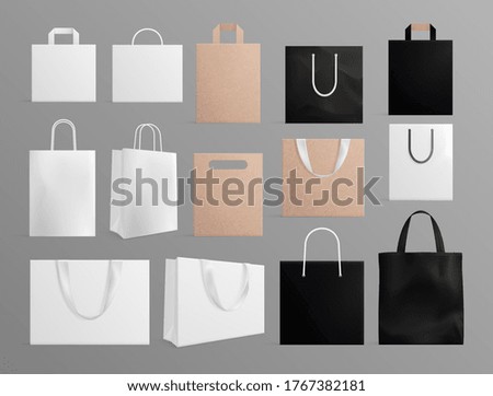 Realistic paper bags. Black white shopping bag mockup, blank fabric and craft handbags. 3d fashion eco packaging for branding vector set