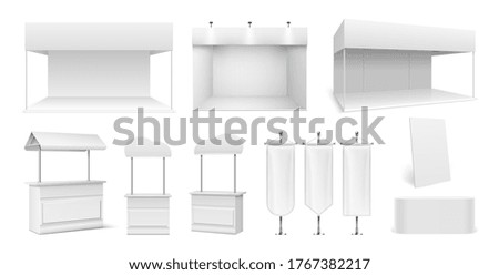 Realistic promo stands. Empty tents, white panels and display. Ads counters, showroom or street market stalls. Trade constructions, 3D promotional expo flags mockup vector set